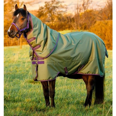 Afbeelding van Horseware Regendeken met Kap Amigo Hero Ripstop Plus Lite 0g Groen/Paars/Beige