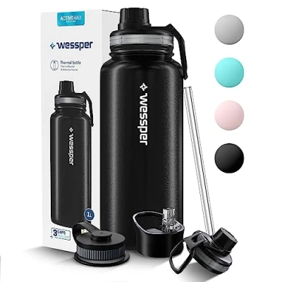 Afbeelding van Wessper thermosfles van roestvrij staal, 1 l, lekvrij, thermosfles, BPA vrij, met 3 deksels, zwart, elegant, sport, voor kinderen, volwassenen, camping