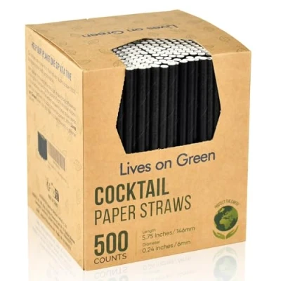 Afbeelding van 500 stuks wegwerp cocktailrietjes en roerstaafjes van zwart papier, milieuvriendelijk, 14,6 x 0,6 cm, voor thuis, bars restaurants