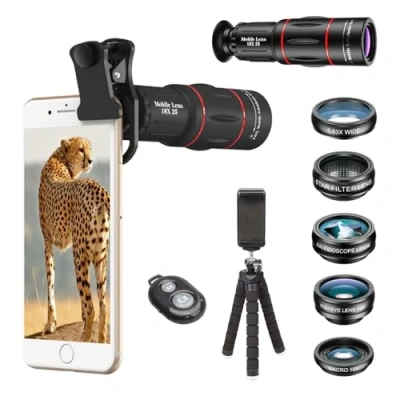 Afbeelding van Apexel 8 in 1 telefoonlenskit, 18 x zoom, groothoeklens, macro, fisheye, caleidoscoop 6, sterfilter voor iPhone Samsung en de meeste smartphones statief met afstandsbediening