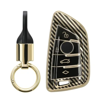 Afbeelding van kwmobile autosleutel hoesje met sleutelring geschikt voor BMW 3 knops Smart Key Sleutel case sleutelhanger Metallic Carbon design in goud / zwart