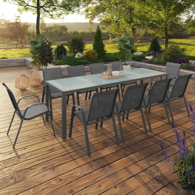 Image de Salon de jardin 10 personnes table 240 cm plateau clair et chaises empilables gris anthracite