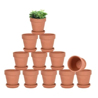 Afbeelding van vensovo Set van 12 terracotta potten met onderzetter, 7,6 cm, keramische pot voor cactussen en vetplanten, drainagegat, ideaal planten, knutselen, huwelijksgeschenken