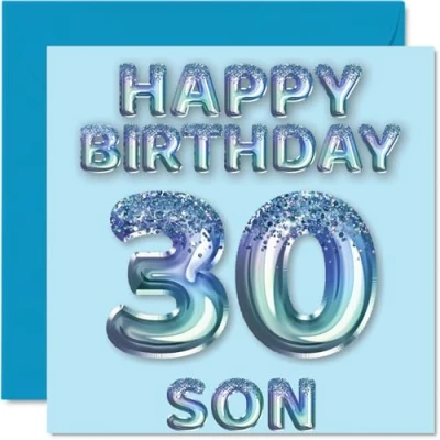 Afbeelding van Verjaardagskaart voor de 30e verjaardag zoon, blauwe glitterballonnen, verjaardagskaarten 30 jarige zoon van mama en papa, 145 mm x