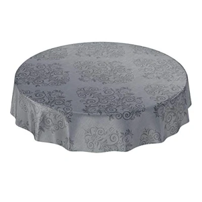 Afbeelding van Anro wasbaar tafelzeil tafelkleed, barok patroon met arabesken, antraciet, rond, 140 cm