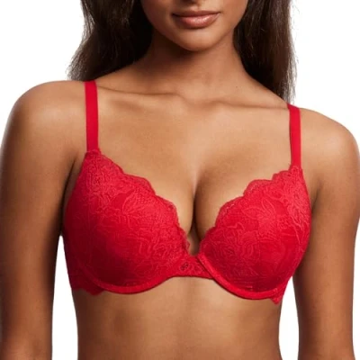 Afbeelding van DOBREVA Dames push up beha kant met beugels diep gevoerd gevormd, lippenstift