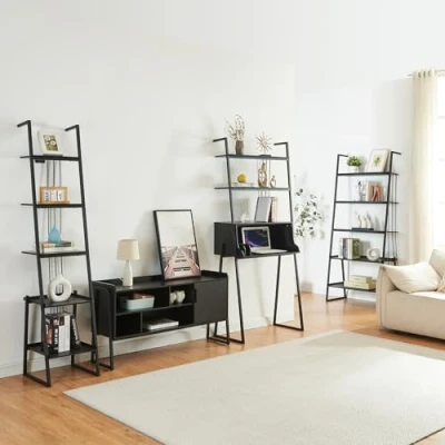 Afbeelding van 4 delige meubelset Storfjord bureau TV meubel open kasten zwart set 2 [en.casa]