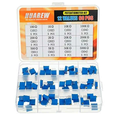Afbeelding van HUAREW 12 waarden 60 stuks 3296W multiturn grasmaaier potentiometer 100 500K ohm blauw 3296 weerstandsclassificatieset variabel, bovenste instelling