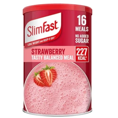 Afbeelding van SlimFast evenwichtige maaltijdshake, gezonde shake voor een voeding met vitaminen en mineralen, rijk aan vezels, maaltijdvervanger, aardbeiensmaak, 16 porties, 584 g, verpakking kan