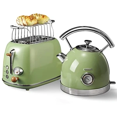 Afbeelding van Wiltal broodrooster waterkoker set, ontbijtset waterkoker, van roestvrij staal, 2200 W, snelle opwarming, met opzetstuk voor broodjes het verwarmen alle broodsoorten, retro groen