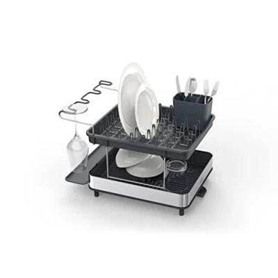 Image de Joseph Excel Égouttoir à vaisselle en acier inoxydable 2 niveaux pour comptoir de cuisine, avec bec d&#039;égouttage, égouttoir couverts mobile, porte verre vin