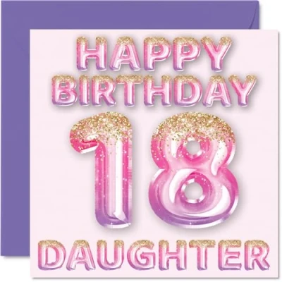 Afbeelding van Verjaardagskaart voor meisjes 18e verjaardag roze en paarse glitterballonnen verjaardagskaarten 18 jarige dochter van mama papa, 145 mm x