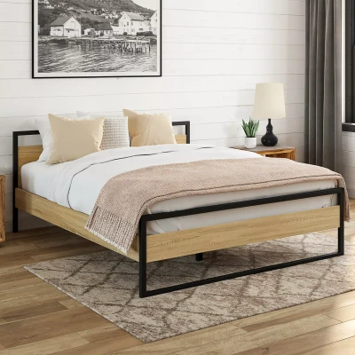 Afbeelding van Lit double DETROIT avec sommier 140x190cm effet bois et métal noir