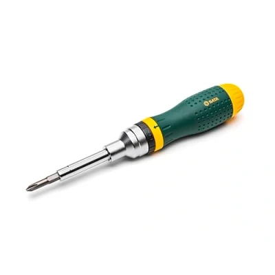 Afbeelding van SATA ST09350 19 in 1 multifunctionele ratelschroevendraaier met 8 dubbelzijdige bits en oliebestendige groene gele handgreep