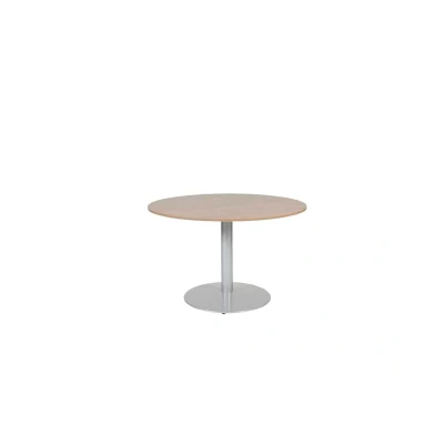 Afbeelding van Linesto 120cm ronde vergadertafel op vaste hoogte (74cm) met havana/ kersen licht 25mm blad en aluminium (RAL9006) trompetvoet