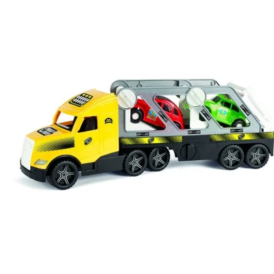 Afbeelding van Wader Autotransport Truck Met Twee Retro Auto&#039;s 79 Cm Geel
