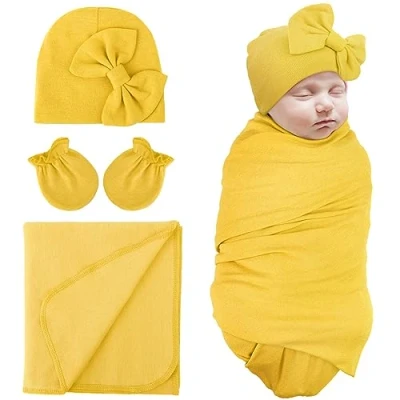 Afbeelding van DRESHOW Katoenen wikkeldeken voor pasgeborenen met wanten en ziekenhuismutsen, 1 set Y07: Blankets hoeden &amp;