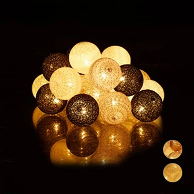 Afbeelding van Relaxdays LED lichtslang met 20 ballen sfeerverlichting feestverlichting katoen Wit grijs zwart