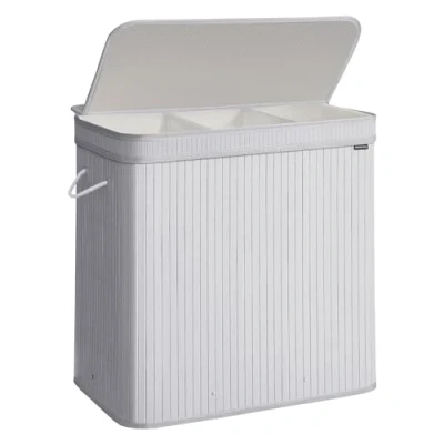 Afbeelding van SONGMICS wasmand met deksel, van bamboe, afneembare en machinewasbare waszak, handgrepen, 150 liter, voor wasruimte, slaapkamer, woonkamer, duifgrijs