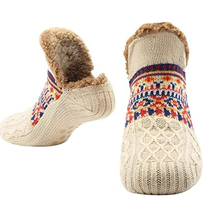 Afbeelding van CityComfort donzige huissokken, voor dames en heren, warm, gebreide sokken, van wol, sherpa, zachte pantoffels, Crème