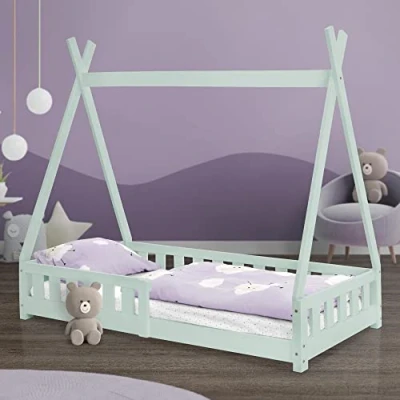 Afbeelding van Kinderbed met uitvalbeveiliging en lattenbodem 80x160 cm mint gemaakt van grenenhout ML Design