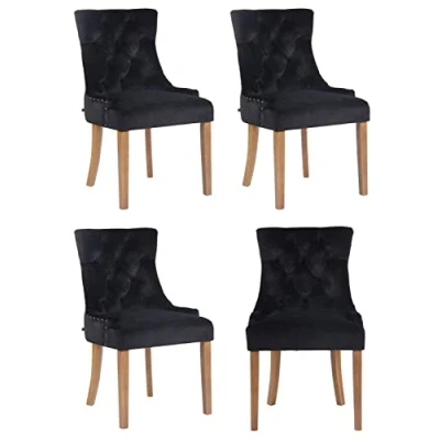 Afbeelding van CLP Aberdeen Set van 4 eetkamerstoelen Zonder armleuning Hout Fluweel zwart antiek licht