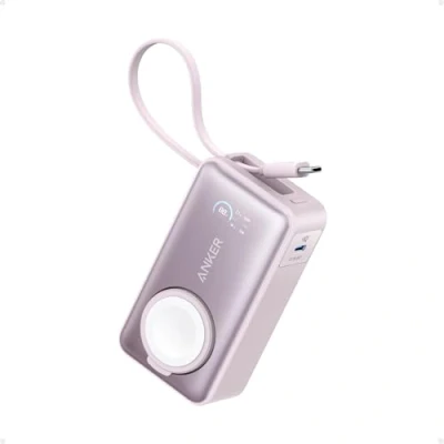 Afbeelding van Anker MagGo Powerbank voor Apple Watch, officieel gecertificeerd, compacte 10.000 mAh batterij met geïntegreerde USB C kabel, maximaal 35 W, iPhone 15, Samsung, iPad, AirPods en meer