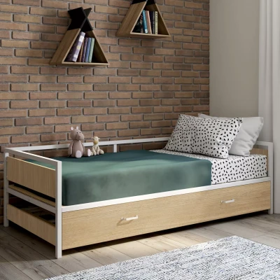 Afbeelding van DETROIT 90 x 190 cm beuken en wit onderschuifbed industrieel design slaapbank