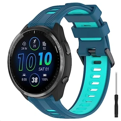 Afbeelding van GIOPUEY Bandje compatibel met Garmin Forerunner 965/955/945/745, horlogeband van zacht TPU, reservearmband [gekleurde naden] blauw/groen