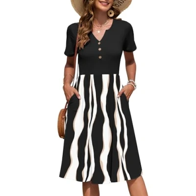 Afbeelding van AUSELILY Geplooide zomerjurk met korte mouwen en V hals zakken voor dames, Zwarte onregelmatige band, L