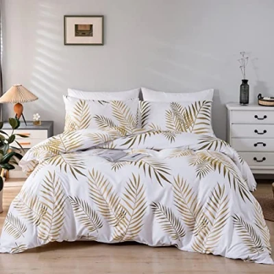 Afbeelding van Damier Beddengoed, 220 x 240 cm, goud wit bladerenpatroon, dekbedovertrekset, 3 delig, zachte microvezel dekbedovertrek met verborgen ritssluiting en 2 kussenslopen van 80 esdoornblad