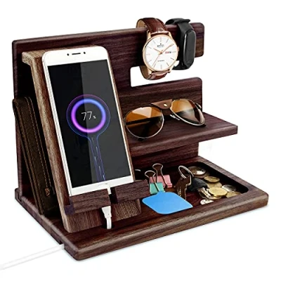 Afbeelding van Cadeaus voor Mannen Nachtkastje Organizer Kerst Verjaardagscadeaus Hem Papa Geschenken Hout Docking Station Sleutel Portemonnee Horloge Gadgets