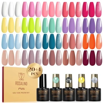 Afbeelding van ROSALIND semi permanente nagellak, 24 stuks, geel, roze, blauw, paars, wit, bruin, kleuren, permanent, mini soak off, UV/LED, manicureset