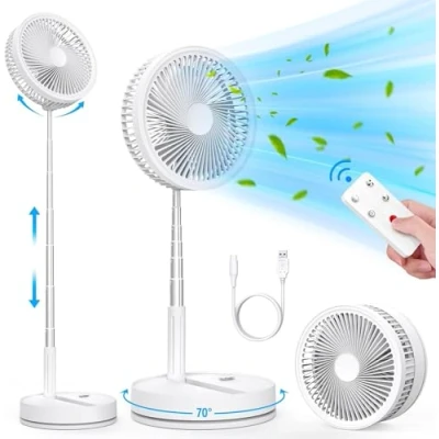 Afbeelding van Oscillerende staande ventilator, draagbaar, stil, met afstandsbediening, 9 inch, opvouwbaar, vloer/salontafel, verbruik, ventilatoren, 4 modi/timer, 7200 mAh, USB, oplaadbaar, voetstuk, ventilator