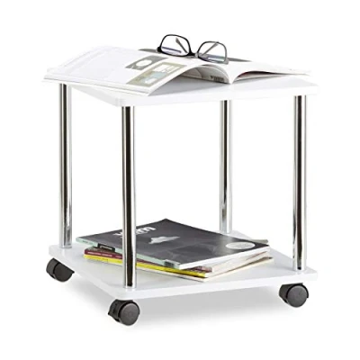 Afbeelding van Relaxdays Witte vierkante bijzettafel op wielen salontafel planten serveerwagen h x b d: 41,5 40 cm, wit