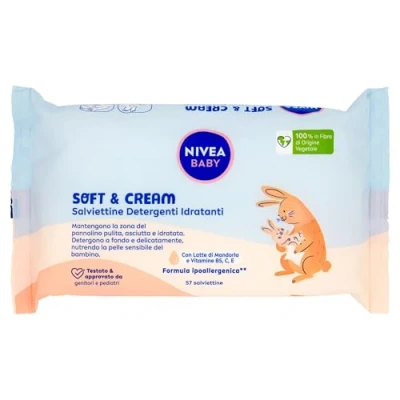 Image de NIVEA BABY Lingettes nettoyantes hydratantes Soft &amp; Cream 57 pièces, bébé pour une peau propre, sèche et hydratée, avec lait d&#039;amande vitamines B5, C E