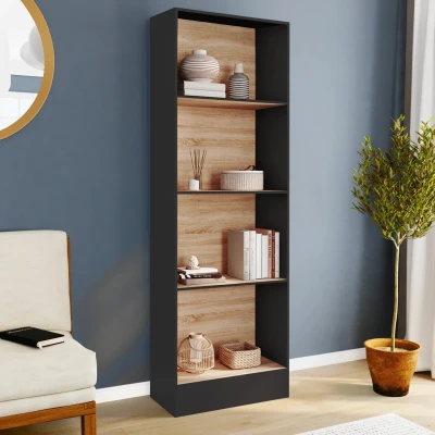 Image de Etagère bibliothèque CARLA 5 niveaux noir et effet bois H.190 cm