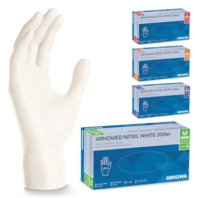 Afbeelding van ARNOMED 400 stuks wegwerphandschoenen, wit, maat M, 2 x 200 stuks, rubberen handschoenen, poedervrij, nitril latexvrij, maten S, L, XL, keukenhandschoenen, huishoudhandschoenen,