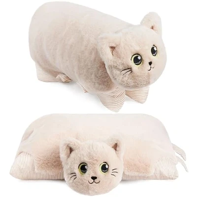 Afbeelding van BRUBAKER Knuffeldierenkussen Kat 2 in 1 Pluche Dier en Knuffelkussen 40 x 30 cm Knuffelkat Opvouwbaar Kinderkussen met Klittenbandsluiting Dierenkussen Kattenkussen Knuffeldier Beige
