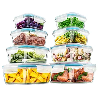 Afbeelding van KICHLY Set van glazen voorraaddozen voor levensmiddelen, 16 stuks (8 dozen, 8 deksels), waterdicht, vaatwasser en magnetronbestendig geschikt invriezen, BPA vrij, FDA gecertificeerd,