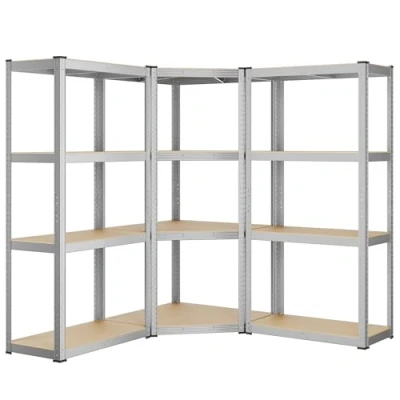 Afbeelding van SONGMICS Hoekplankset met 4 niveaus, opbergrekken van staal, zware belasting, garage, magazijn, draagvermogen 1500 kg, zilver en natuurlijk beige GLR056E03