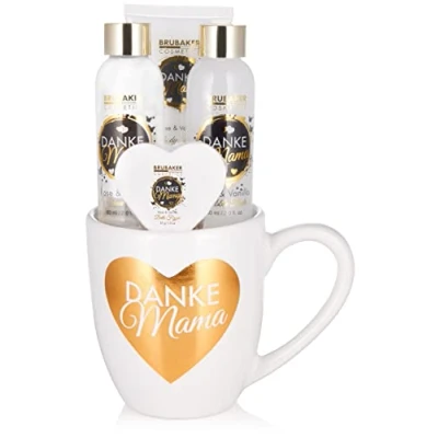 Afbeelding van BRUBAKER Cosmetics Danke Mama (Dank U Mama) 5 delige Rose Vanille Geurende Bad Set Cadeautip Vrouw Cadeau Idee Cadeauset in Koffiekop met Hartdecor Witgoud Moederdag cadeautje