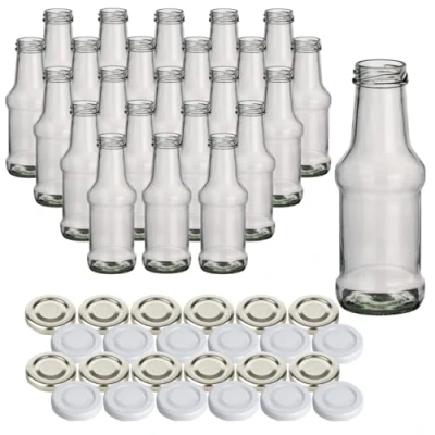 Afbeelding van gouveo Set van 24 glazen flessen 250 ml &quot;BBQ&quot; met schroefdeksel in zilver en wit kleine sapflessen 0,25 liter TO43 sluiting lege fles ideaal voor sap smoothies