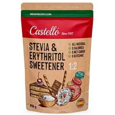 Image de Édulcorant Stevia + Erythritol 1:2 1g = 2g de Sucre Substitut 100% Naturel 0 Calories Indice Glycémique Keto et Paleo Glucides Non OGM Castello since 1907 850 g
