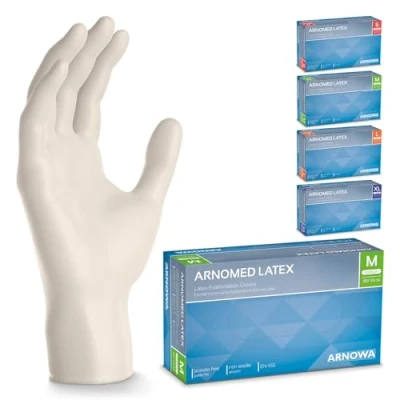 Afbeelding van ARNOMED latex handschoenen M, wit, 500 stuks wegwerphandschoenen (5 dozen), stofvrij, wegwerphandschoenen, verkrijgbaar in de maten XS, S, L en XL