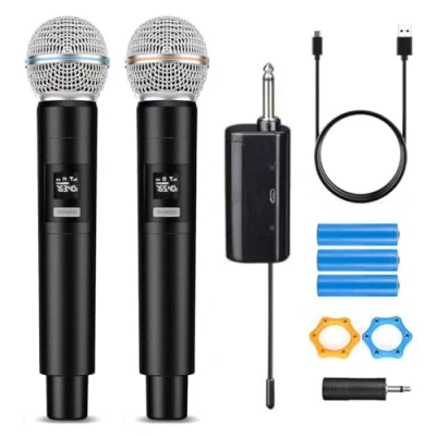 Afbeelding van HUACAM Draadloos microfoonsysteem voor 2 personen, draagbare microfoon 2,4 G met oplaadontvanger karaoke, zang, bruiloft, DJ, feest, toespraak, kerk, klasgebruik