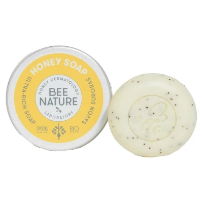Afbeelding van Bee Nature Survette zeep met zeepbakje biologische honing peeling ingegroeide haren psoriasis natuurlijk maanzaad gezichtscrub lichaam 100 g