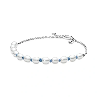 Afbeelding van Pandora Moments Armband met zoetwaterparelarmband blauw van sterling zilver en textiel, maat 16, 591689C01 Zilver, Parel