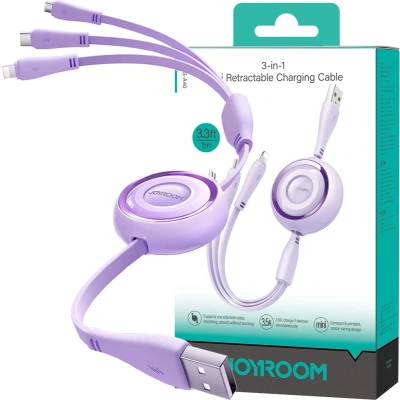 Afbeelding van Joyroom S A40 Colourful Series 3in1 intrekbare kabel USB A naar C / Lightning microUSB 1m wit