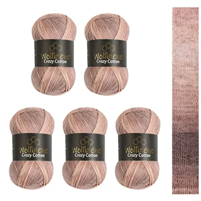 Afbeelding van Wollbiene Crazy Cotton Batik 5 x 100 g, 500 g met kleurverloop, 55% katoen, meerkleurig, breiwol, voor alle seizoenen, 6000 bruin/beige